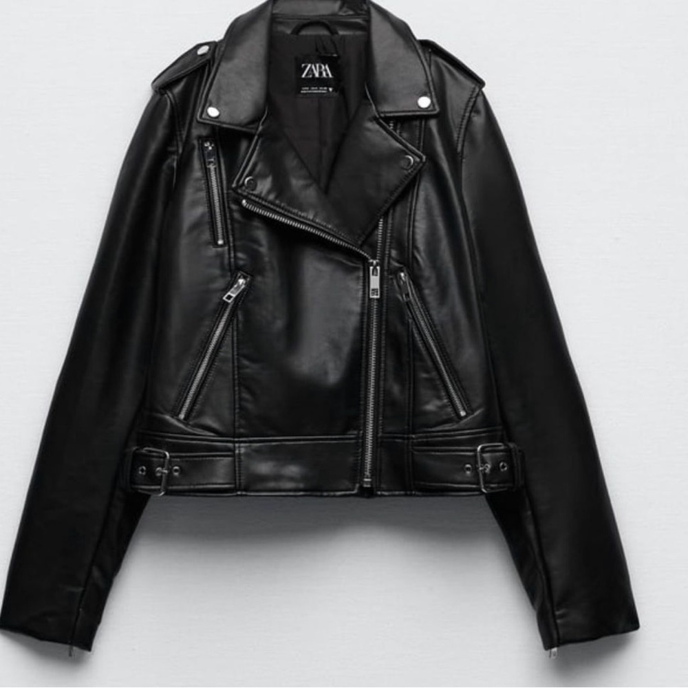 New Zara Faux Leather Biker Moto Black Zipper Jacket XS Extra Small 4341/750